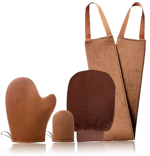 Self Tanning Mitt Set with Back Applicator, Ultimate Fake Tan Glove for Streak Free Sunless Lotion and Cream Application, Reusable and Double Sided for Flawless, Even Tan, Brown