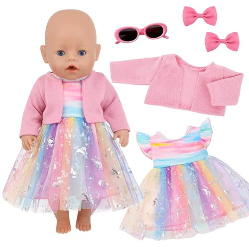5 Stück Süßes Puppenkleidung für Baby Puppen, 14-18 Zoll Baby Puppen Kleidung mit Rosa Regenbogen Tüllrock Rosa Jacke Stirnband mit Brille und Schleife, Puppenkleidung 35-43cm Outfit