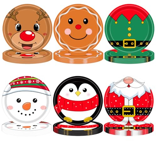60 PCS Christmas Party Paper Plates 7inch Festive Disposable Paper Plates,6 Designs Santa Snowman Christmas Trees Pattern for Xmas Dinner Plate Gingerbread Man Party Dinnerware Supplies Table Decor