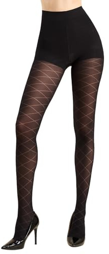 MANZI Diamond Patterned Rhombic Tights Control Top 50 Denier Pantyhose High Waist Stockings for Women L-XL