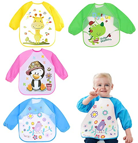 dellyy Bavaglino con Maniche Impermeabile, 4 Pezzi Bavaglino Impermeabile Manica Lunga, Grembiule Pappa, Lavabile, Adatto a Bambini di Età Compresa Tra 1 e 5 Anni (4, A, M)