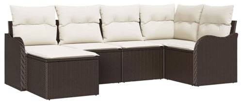 Qnhdfrt Set di divani da giardino modulari in rattan marrone, per terrazza e giardino, gruppo di sedute con cuscino, 6 posti, mobili lounge per esterni con telaio in acciaio, 1 angolo, 2 parti