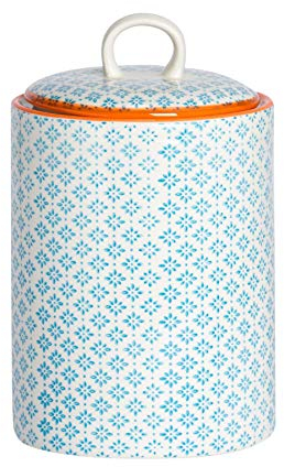 Nicola Spring Patterned Kitchen Canister - 15.5cm - Blue Porcelain Hand Printed Kitchen Storage Jar Airtight Biscuit Barrel for Biscuits, Oats, Tea, Coffee