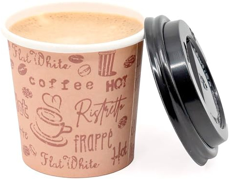 ECODESIGN-US 4 Ounce Disposable Espresso Paper Cups with Black Lids - 50 Sets - Print - Small Portion Sample Shots (50, print)