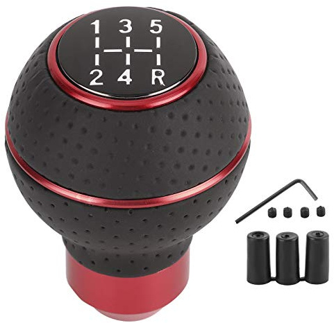 Perilla de cambio de marchas de 5 velocidades, perillas de cambio manual de coche universal cuero artificial + aleación de aluminio(rojo)