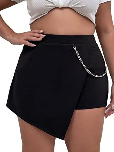 WDIRARA Women's Plus Size Wrap Asymmetrical Hem Chain Strap Skort Skirt Shorts Black 4XL
