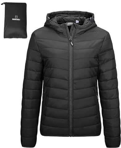 Outdoor Ventures Women's Winter Lightweight Puffer Jacket with Hood, Warm, Short, Packable, Quilted, Transitional, Padded Jacket for Ladies, Lined for Hiking, Travel Black L