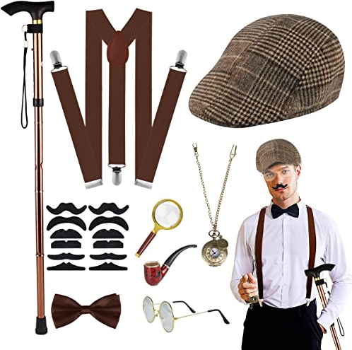 WILDPARTY 20er Jahre Kostüm Herren Accessoires, Faltbarer Krücken Metall, Lupe, Hut,Taschenuhr, Metallbrille, Fliege, Mafia 1920 Gangster Sherloc Holme Detektiv Kostüm Halloween