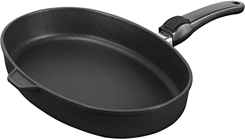 SKK große Aluguss Fischpfanne 38x26 cm - ohne Induktion - ovale 7 cm hohe Antihaft Hochrand-Pfanne & abnehmbaren Stiel - Made in Germany