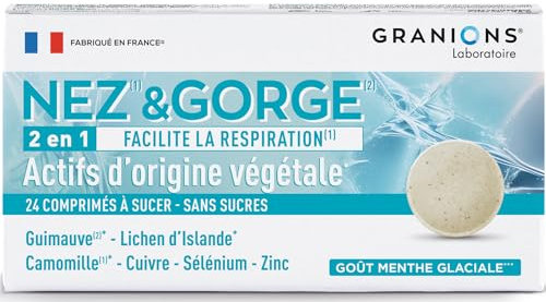 GRANIONS Nez et gorge | Complément alimentaire | 2en1 Inconfort nasal et mal de gorge adulte | Guimauve + Lichen d'Islande + Camomille | Goût menthe glaciale | Sans sucres | Marque FR | 24 comprimés