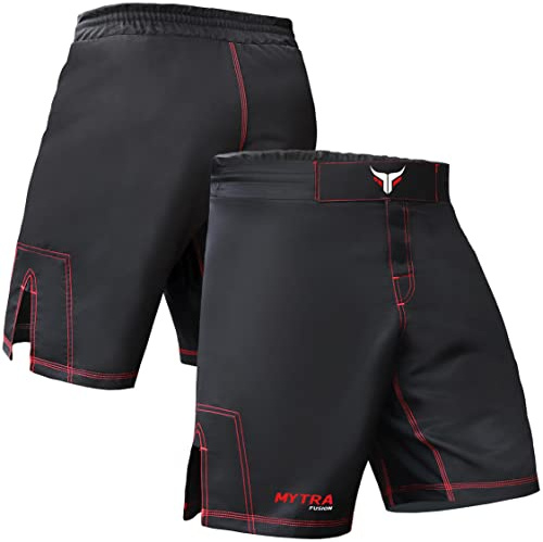 Mytra Fusion MMA Shorts MMA Boxing Kickboxing Muay Thai Mix Martial Arts Cage Fighting Grappling Training Gym Wear Clothing Shorts Trunks (Black, XXL)