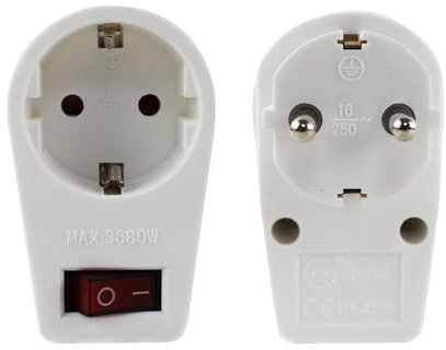 Enchufe con interruptor para la toma de corriente Adaptador enchufe para 1 tomas de tierra, enchufe con mayor protección accidental PACK 2 (blanco)