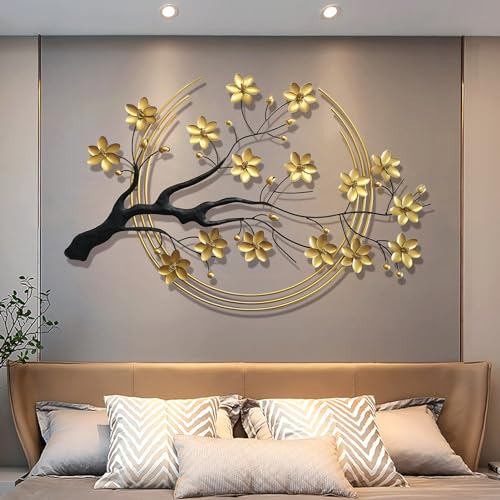 Ainydie 3D Metall Golden Blumen Wanddekoration, Moderne Luxus Wandbild Wanddeko Wandkunst, Wandverzierung für Wohnzimmer Schlafzimmer Arbeitszimmer Büro Wandschmuck, 108x68cm
