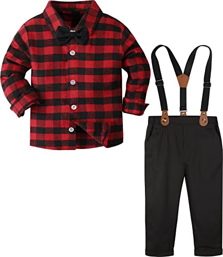 mintgreen Bambino Ragazzo Abito, 4pezzi Natale Matrimonio Abiti Gentiluomo Smoking con Bretelle, Plaid Rosso, 3-4 Anni, 110