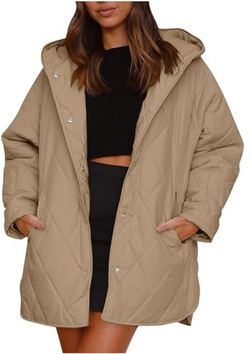 NSICBMNO Khaki Ladies Winter Jackets Padded Coats Womens Puffer Jacket With Hood Lightweight Quilted Jacket Button Up Open Front Cardigans Down Long Warm Coat Cotton Quilted