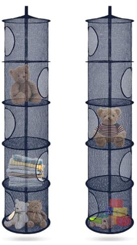 YqsIbth Teddy Storage Hanging Mesh, 2PCS Hanging Toy Storage Net, 5 Tier Hanging Mesh Storage Basket, Foldable Soft Toy Storage, Mesh Hanging Storage Basket for Soft Toys Clothes Sundries(Navy)