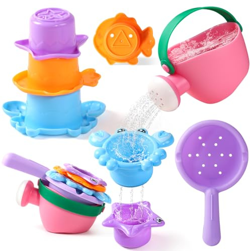 Bath Toys For 1 2 3 Year Olds 5 PCS Toddler Baby Bath Toys Mould Free Games For 3 4 Kids Water Play Bathtub Sand Beach Stacking Cups Swimming Pool For 1 Year Old Boys Girls Toys & Gifts