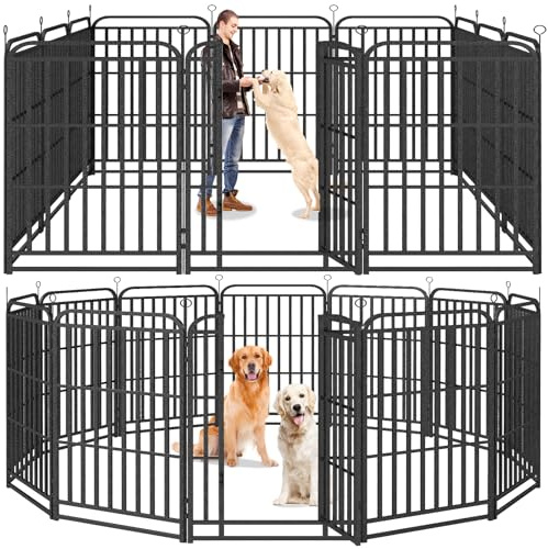 Kfvigoho Heavy Duty Dog Playpen: 12 Steel Panels 47 Height, Square Steel Pipe with Reinforced Crossbars, 27FT 57 Sq.ft Portable Fence for Yard RV Camping, Snowy Black