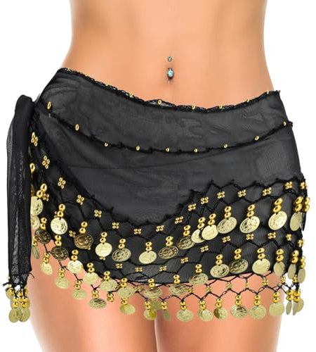 Piriuuo Bauchtanz Hüfttuch, Bauchtanztuch mit 128 Münzen Chiffon Tanztuch Bauchtanz Gürtel Rock Tanztuch Yoga Belly Dance Costume Performance Kostüm für Bühnen Show, Party, Feier