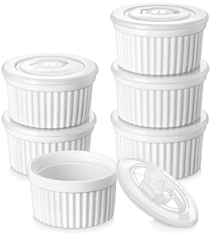 8 oz Porcelain Ramekins Set with Lid, 4 Pack Porcelain Creme Brulee Souffle Dishes, Baking Cups for Pudding, Fruits, Dips, Ice Cream, Dishwasher and Oven Safe