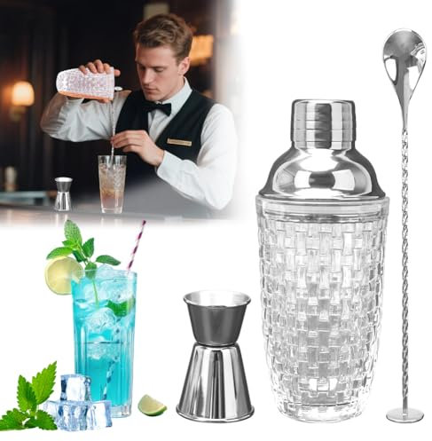 Cocktail Shaker, Cocktail Mixer, Shaker Stainless Steel Cocktails - Glass Cocktail Shaker, Stainless Steel Lid, Integrated Strainer, Shaker for Cocktails, Mixer Spoon, 4-Piece Bartender (Woven Pattern