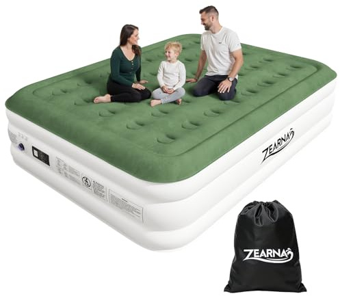 Zearna King Inflatable Air Mattress, Air Bed with Built-in Electric Pump, Double Blow up Bed in 3 Mins Self-Inflation/Deflation, Flocked Surface Guest Airbed for Home Portable Camping