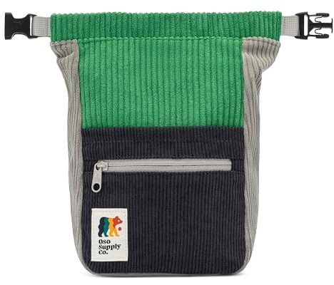 Oso Supply Co - Retro Corduroy Bouldering Bucket, Large Size Freestanding Chalk Bag for Rock Climbing, Magnetic Roll Down Closure, Dual Brush Loops, Zippered Pockets and Pouch (Green and Gray)