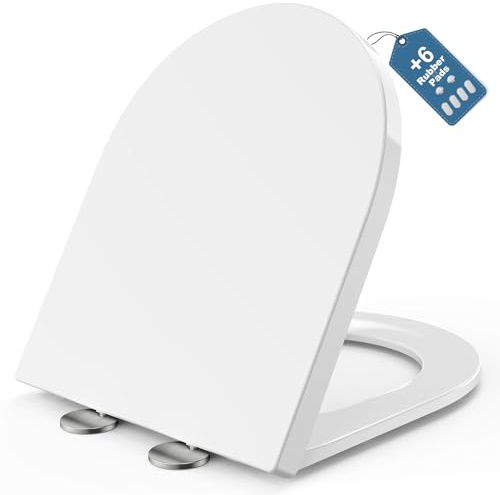 MEEJEE Tapa WC Universal Amortiguada Larga D-Forma 460x365 mm, Tapadera WC de Duroplast, Tapa de Vater Quick Release, Tapa WC Montaje Fácil, Tapa Inodoro con Cierre Suave, Asiento Inodoro Blanco