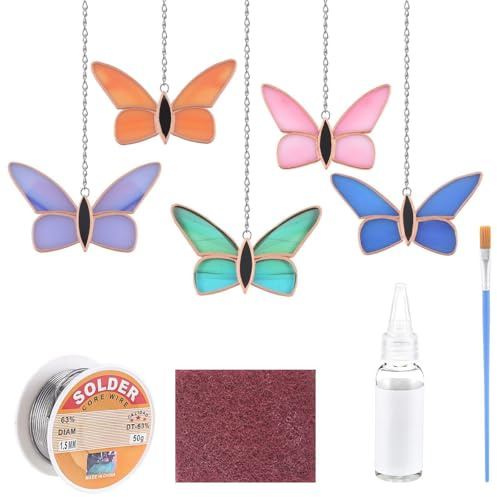 LemonRoad Butterflies Pre Cut Stained Glass Painting Starter Kit Made Easy DIY Stained Glass Craft Kit with Solder Wire, Gel Flux, Flux Brush for Christmas Birthday Party Favor