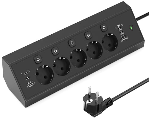 Regleta Enchufes de Esquina con USB C 20W, 5 Tomas Enchufe Multiple con 4 USB C y 2 USB A, Regleta Proteccion Sobretension con Interruptor, Enchufe de Mesa 1,8 m Cable para Cocina y Oficina, Negro
