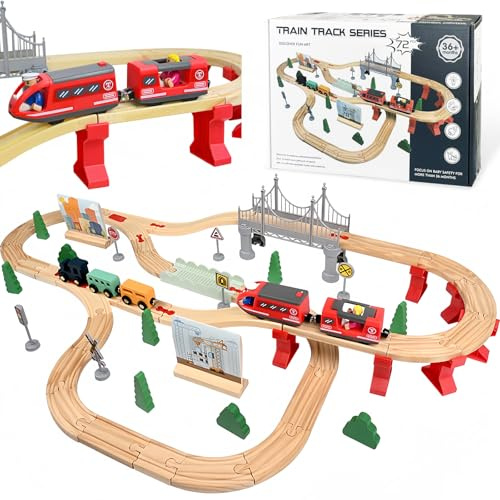 Wooden Train Set 72pcs Electric & Magnetic Tracks Bridge for Kids 3+ | Enhances logic & motor skills, Smooth durable wood, Compatible with major brands, Great gift for Christmas & birthday