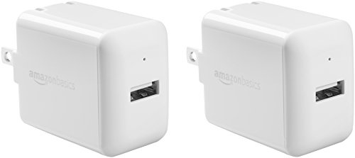 Amazon Basics 12W One-Port USB-A Wall Charger (2.4A), Portable, for Phones (iPhone 16/15/14/13/12/11/X, Samsung, and more), 2-Pack, White