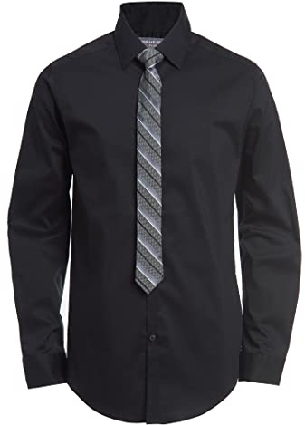 Van Heusen Boys' Long Sleeve Collared Button-Down Dress Shirt and Tie Set, Black Stripe, 18-20 Husky