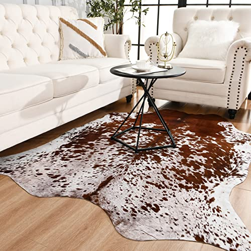 Easycozy Faux Cowhide Large Cow Print Rug - 4.6 x 5.2 Feet, Thickened Elastic for Bedroom, Living Room, Home Office, Western Decor
