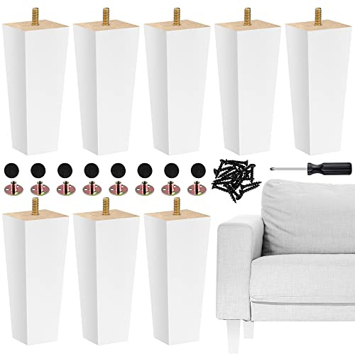TURSTIN Set of 8 Wood Furniture Legs 6 Inch Square Solid Wood Sofa Legs with M8 T-Nuts Natural Wooden Couch Leg Replacement Leg for Furniture Armchair Bed Dresser Cabinet or DIY Projects, White