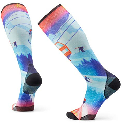Smartwool Ski Zero Cushion Merino Wool Over the Calf Ski Day Print Socks for Men and Women, Laguna Blue, Large