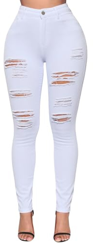 LONGBIDA Skinny Ripped Jeans for Women High Waisted Stretch Butt Lifting Slim Fit Distressed Denim Pants Pull On Jeggings Trouser(White,XL)
