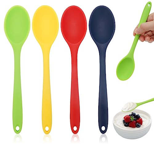 4 Stück Silikon Kochlöffel Set,Silikon Löffel Kochen,Kochlöffel Silikon Rührlöffel Plastik ,Plastiklöffel Groß Lang 21cm,küchenlöffel 500℉ Hitzebeständiges Suppenkelle Servierlöffel für Backen, Rühren