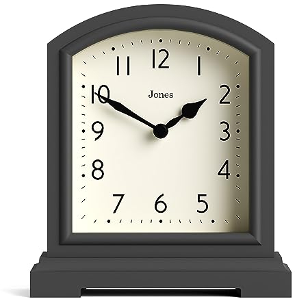 JONES CLOCKS® Tavern kaminuhr | Modernes Design der bogenplatte | Dunkelgrau | Zeitgenössischer klassischer Stil für Schreibtisch, Tisch, Regal oder nachttisch