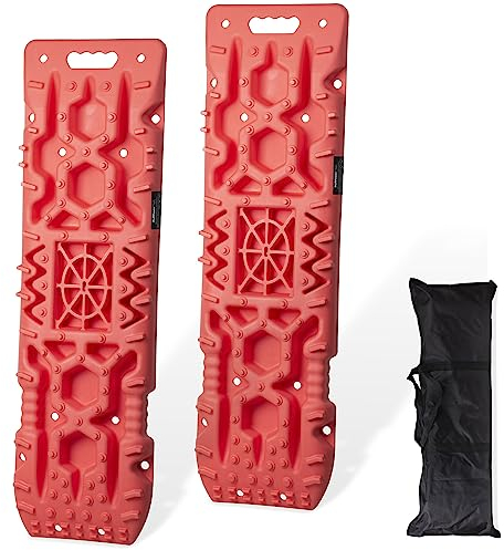 BullPower Offroad-Sandbleche Kunststoff-Anfahrhilfen Schlamm Sand Schnee Recovery Board 10T Reifenleiter Traktionsmatte Gripmatte PKW LKW SUV Geländewagen 10.000 kg mit Aufbewahrungstasche (rot)
