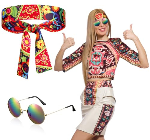 Fiada 2 Pezzi Accessori Hippie da Donna Fascia per Capelli Occhiali da Sole Hippie Fascia Hippie Colorata Accessori per Costume di Halloween Carnevale Discoteca Festa Estiva Anni '60 '70