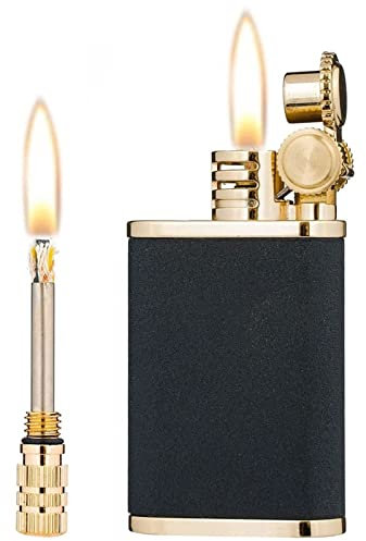 Accendino a cherosene con ruota in pietra focaia stile antico 2 in 1 con fiammifero permanente e fiammifero permanente (carburante non incluso) (Color : Black)
