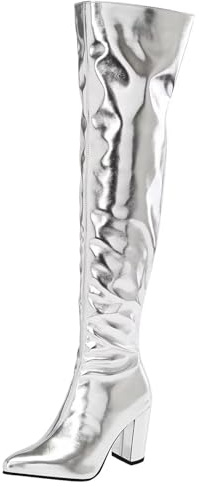 HSyc JRX Patent Overknee Boots with Block Heel Long Shaft Boots Winter Boots, silver, 9.5 UK