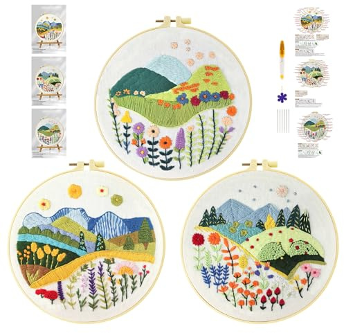 cukol cukol 3pcs Kit Ricamo Principianti Pianta Fiore, Embroidery Kit, Schemi per Set Ricamo Starter Mezzo Punto Croce Kit da Ricamare Mezzopunto a Mano Stampato Bambini