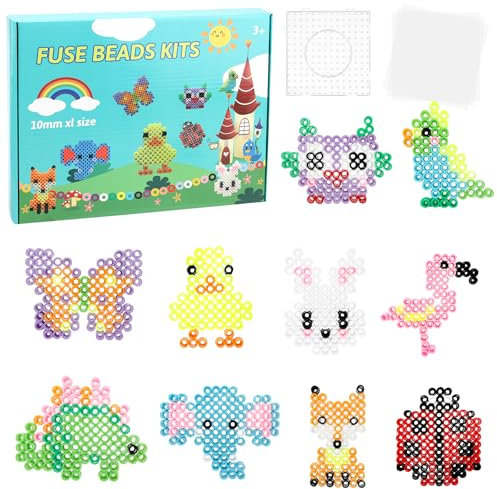10mm Bügelperlen Set, 1000 Stück XL Steckperlen mit 10 Farben und Steckplatte, 10 Tiere Muster, Kreatives Basteln für Kinder ab 3 Jahren, mit Bügelpapier, Geschenk für Geburtstag und Weihnachten