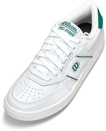 WILSON Unisex Pro Staff 87 Leather Shoe, Retro Court Sneakers & Full-Grain Leather Tennis Shoes for Men & Women, White/White/Aventurine, 10.5 Women/9 Men