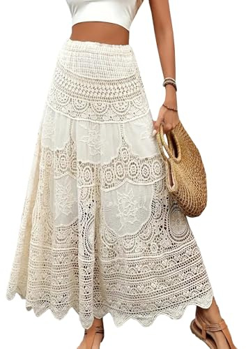 Gratoryna Jupe en crochet pour femme - Taille haute - Maxi extensible - Style bohème - Jupe fluide en dentelle