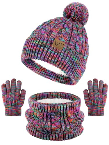 VZV Kinder Wintermütze Schal Handschuhe Set, Mädchen Warme Winter Strickmütze mit Bommel Schal Handschuhe für Jungen Mädchen 2-14 Jahre