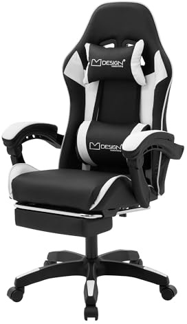 ML-Design Ergonomisk Gamingstol med Fotstöd Svartvitt Konstläder Justerbar Kontorsstol Snurrstol med Armstöd Nackstöd och Ländryggskudde Racing Skrivbordsstol Komfortabel Spelstol för Spel och Arbete
