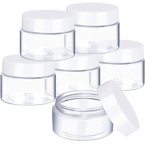 6 Pack 2 oz Plastic Pot Jars Round Clear Leak Proof Plastic Cosmetic Container Jars with White Lids for Travel Storage Make Up, Eye Shadow, Nails, Powder, Paint, Jewelry(2 oz)